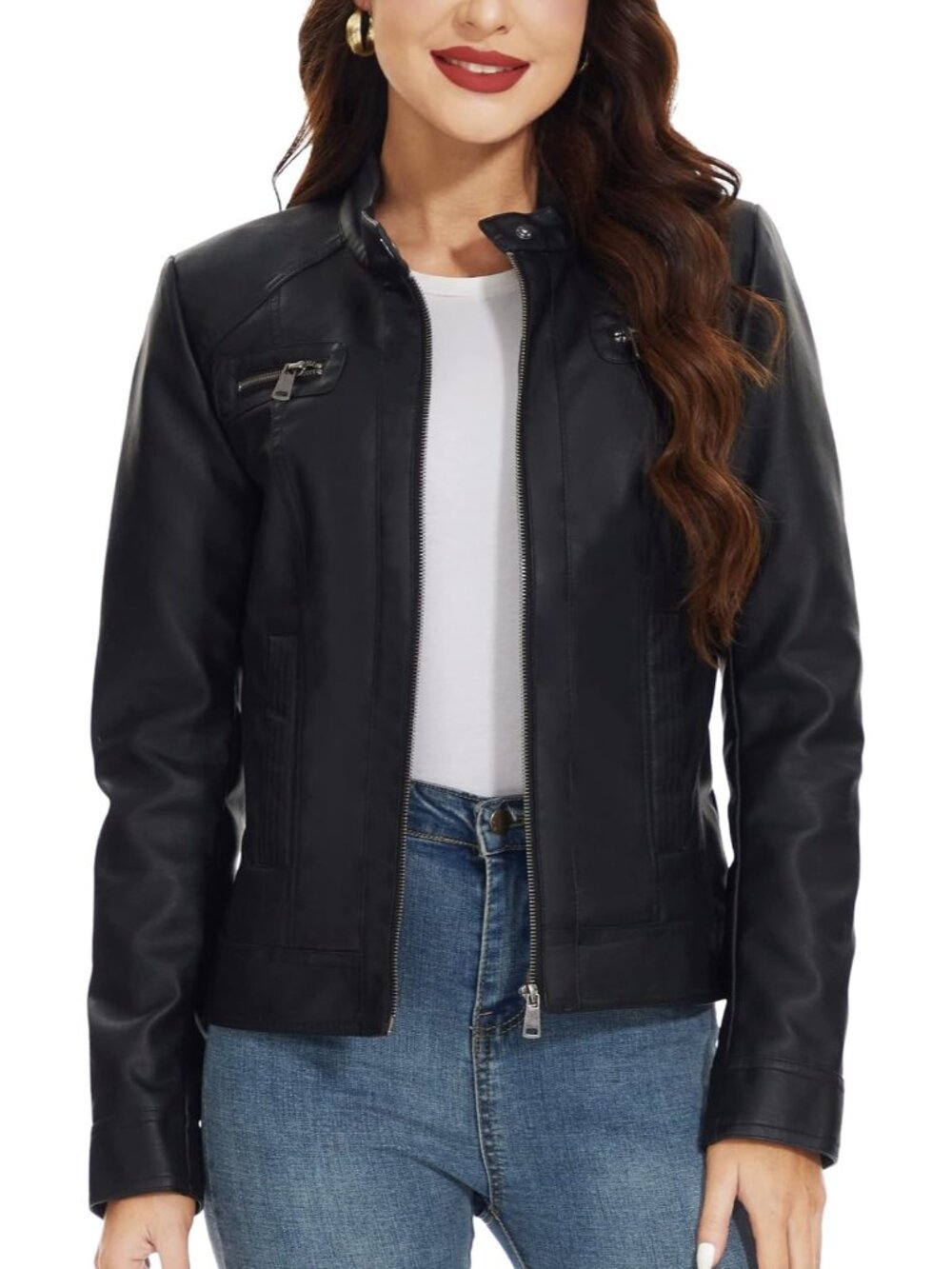 Women's Pure Black Zip Leather Jacket Motorcycle Stylish Moto Biker Outwear Coat